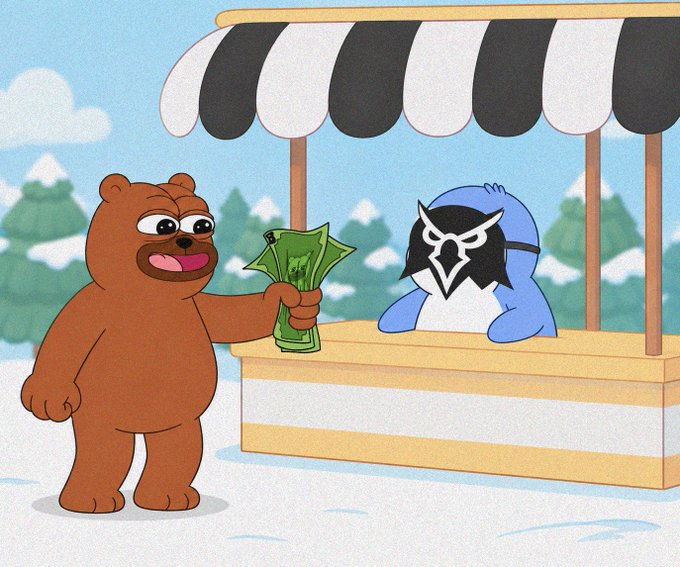 A cartoon scene shows a brown bear holding cash while interacting with a blue figure with bunny ears behind a market stall.