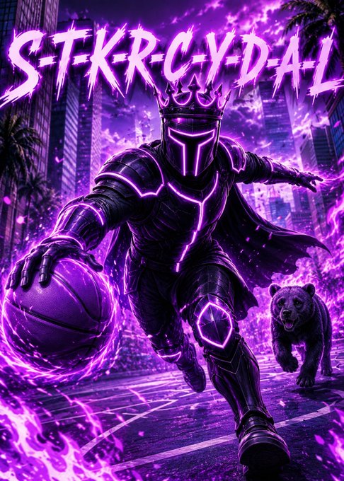 The image features a man dressed as a medieval knight, holding a basketball with purple neon lights illuminating his armor. A bear is also present, running behind him. The background has a dark city skyline, emphasizing the theme of the post.