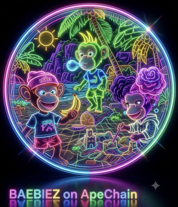 Neon-style circular artwork labeled 'BAEBIEZ on ApeChain' featuring three cartoon monkeys with bright pink and green outlines in a tropical scene.