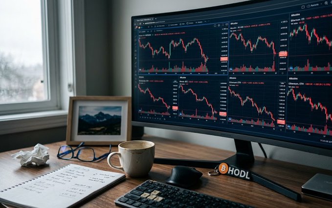 A trading desk setup with a monitor displaying multiple cryptocurrency charts in red, accompanied by a coffee mug, notebook with handwritten notes, and a "HODL" keychain.