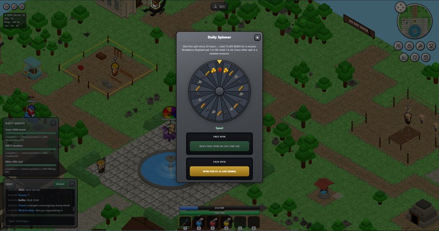 A screenshot from a top-down RPG video game featuring a 'Daily Spinner' interface in the center, with chat and daily quest panels visible on the left side.