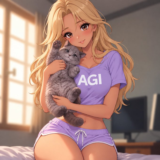 An anime-style illustration shows a blonde girl smiling while holding a gray kitten, wearing a lavender crop top and shorts set with the letters 'AGI' on the shirt.