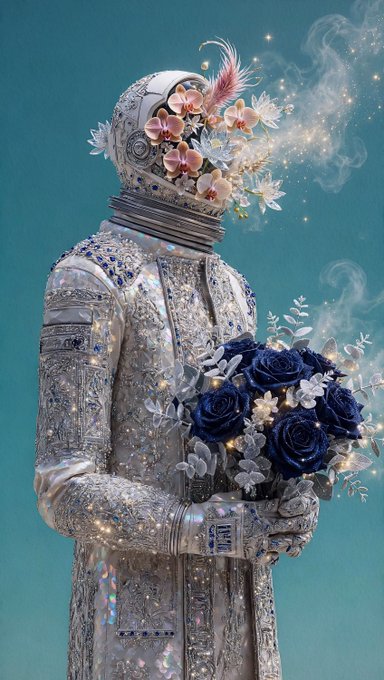 A figure in an ornate, crystal-encrusted astronaut suit and helmet adorned with pink flowers holds a bouquet of dark blue roses against a teal background.