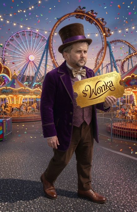 The Willy Wonka-costumed man holds a golden ticket reading "Wonka" while standing in a colorful amusement park setting with a Ferris wheel, roller coaster, and confetti falling around him.