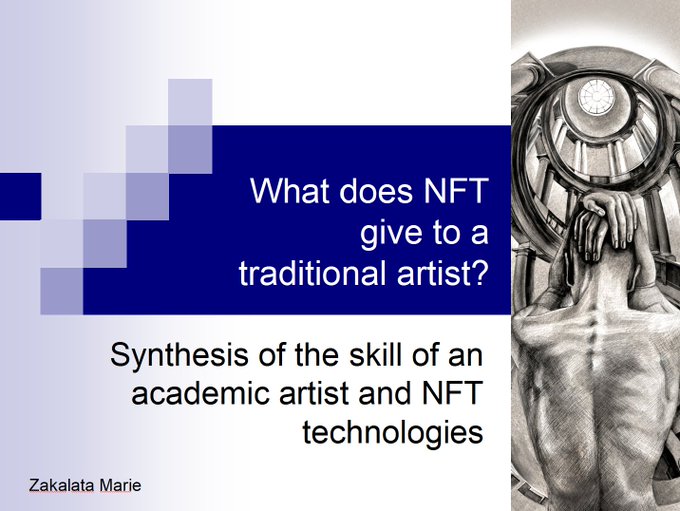 A presentation slide titled "What does NFT give to a traditional artist?" with the subtitle "Synthesis of the skill of an academic artist and NFT technologies," credited to Zakalata Marie. The slide features a detailed pencil drawing of a figure with their head obscured by hands on the right side, illustrating the fusion of traditional academic artistry with NFT technology that the author discusses in their article for NFT.NYC 2026.