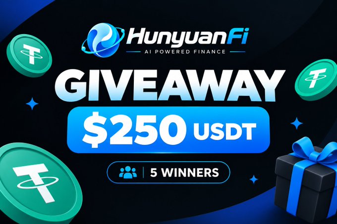 A promotional graphic for HunyuanFi 'AI Powered Finance' advertising a giveaway of $250 USDT to 5 winners, featuring green Tether (USDT) coin icons and a gift box.