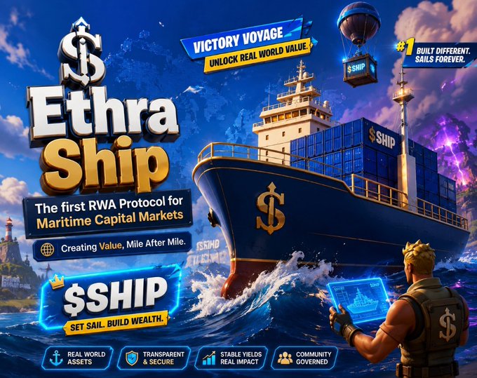 Promotional artwork for 'Ethra Ship' titled 'The first RWA Protocol for Maritime Capital Markets' featuring a large cargo ship loaded with '$SHIP' containers, a hot air balloon, and a muscular character with a golden crown holding a holographic screen.