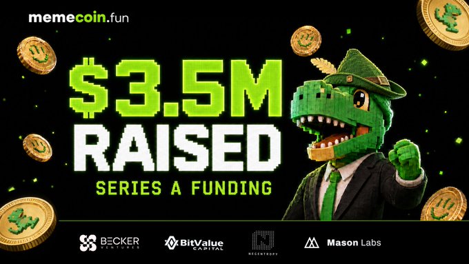 The image is a promotional graphic from memecoin.fun announcing "$3.5M Raised Series A Funding," featuring a pixelated green crocodile mascot in a suit alongside gold coins, with logos for backers like Becker Ventures, BitValue Capital, BigEndian, and Mason Labs. The graphic connects to the post by celebrating funding raised to support development of the Robinhood Chain ecosystem, tying the memecoin platform's financial milestone to the broader chain initiative.