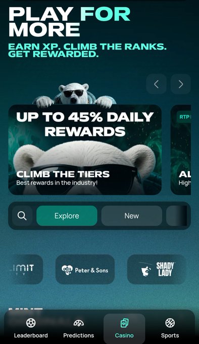 A mobile app screen promoting 'PLAY FOR MORE' with text about earning XP and daily rewards up to 45%, featuring a cartoon bear with sunglasses and a bottom navigation bar with Casino and Sports tabs.