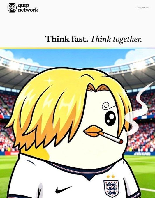 A promotional graphic from Quip Network featuring a chibi-style anime character with blonde hair smoking a cigarette, wearing an England national team jersey, with the tagline 'Think fast. Think together.'