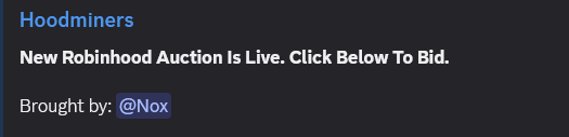 The image displays a Hoodminers announcement stating "New Robinhood Auction Is Live. Click Below To Bid," brought by @Nox, which aligns with the post describing a successful Robinhood whitelist auction on Iron Allies featuring Hoodminers with 10,431.59 total bids from 20 winners.