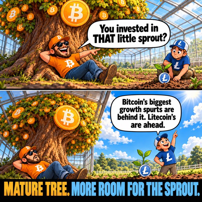 A two-panel cartoon meme comparing a mature Bitcoin tree to a small Litecoin sprout, with characters saying 'You invested in THAT little sprout?' and 'Bitcoin's biggest growth spurts are behind it. Litecoin's are ahead,' captioned 'MATURE TREE. MORE ROOM FOR THE SPROUT.'
