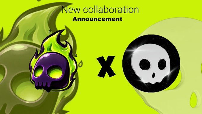 A bright yellow-green 'New collaboration Announcement' graphic displaying two stylized skull icons separated by an 'x' symbol, with a purple flame-like skull on the left.