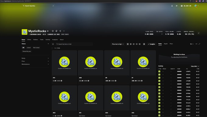 A screenshot of the Magic Eden NFT marketplace showing the 'MysticRocks' collection page with various NFT listings displayed as yellow circular icons in a grid layout.