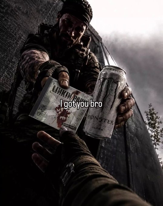 A meme image from the video game S.T.A.L.K.E.R. showing a grizzled character handing the player a CD labeled 'Unknown' and a can of Monster Energy Ultra, with text reading 'I got you bro'.