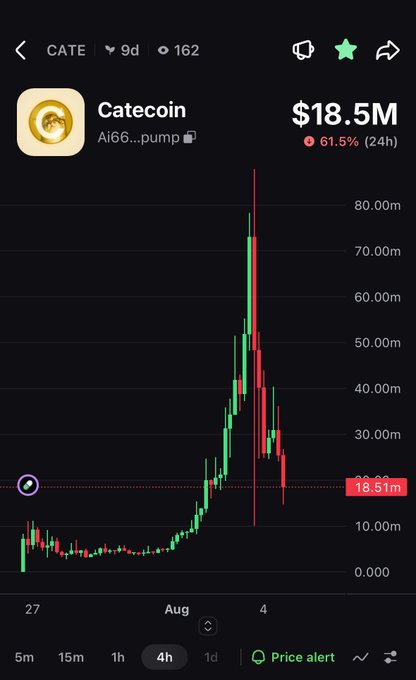 A mobile trading screen shows the CATE (Catecoin) meme token chart displaying a sharp parabolic spike to approximately 70m followed by a steep sell-off, now trading at 18.51m with a market cap of $18.5M and a 61.5% 24-hour decline—visually illustrating the question of how much further the post-pump correction may extend.