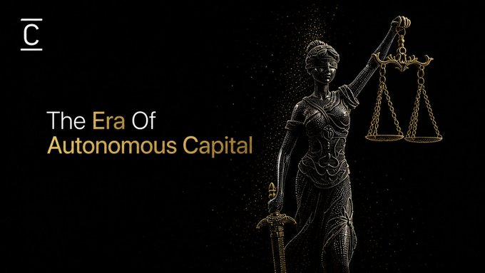 The image features a golden wireframe illustration of Lady Justice holding scales and a sword against a black background, accompanied by the text "The Era Of Autonomous Capital," visually reinforcing the post's theme of a paradigm shift in DeFi toward AI-driven, self-governing financial systems where algorithmic oversight replaces constant human control.