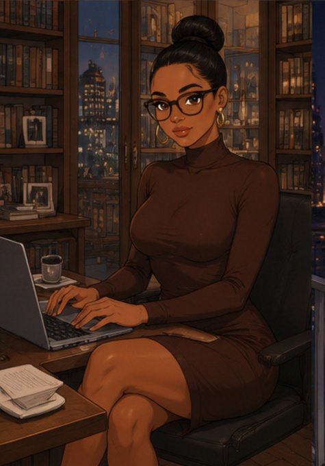 A stylized digital illustration of a woman with a hair bun wearing glasses and a brown turtleneck dress, working on a laptop in a study with a city skyline visible through the window at night.