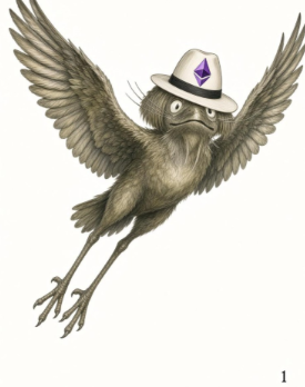 Illustration of a brown owl in mid-flight wearing a white fedora hat adorned with a purple Ethereum (ETH) logo.