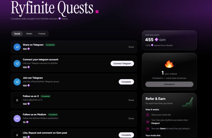 A "Ryfinite Quests" dashboard interface showing a GEM balance of 455 and a list of social and task-based quests.