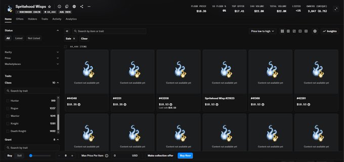 A screenshot of the Spiritshod Wings NFT collection on OpenSea showing a floor price of $18.36 with 44,444 items minted, illustrating the rapid sell-out and subsequent trading activity referenced in the post.