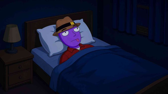 Animated cartoon character with purple skin wearing a brown fedora and red shirt, lying in bed at night with a tired expression.