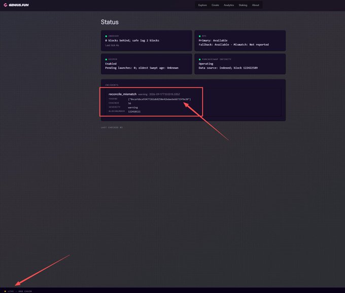A 'GENESIS.FUN' Status page shows various system metrics, with a red box and arrow highlighting the 'INCOMING' section for a memecoin_mismatch warning, and another red arrow pointing to 'LIVE NOW COIN' in the bottom left corner.