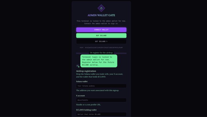 An "ADMIN WALLET GATE" webpage with options to "CONNECT WALLET," "BUY $CLAWD," and "GET $CLAWD," noting that terminal login is locked during the airdrop.