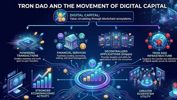 The image presents a vibrant and colorful graphic illustrating the concept of cryptocurrency and digital capital. The infographic showcases different aspects related to blockchain technology and the movement of value within these ecosystems, such as transactions, financial services, and decentralized applications (DAAs). It is important to note that the primary focus of this post appears to be the discussion about TRON DAO in relation to digital capital, with a focus on its impact and support for infrastructure.