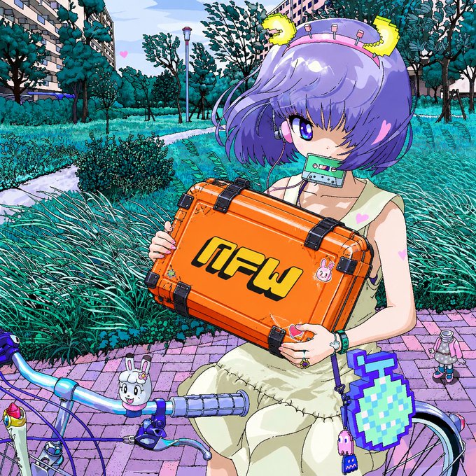 Anime-style illustration of a purple-haired girl with bear ear accessories holding an orange case with 'NFW' written on it, with a pixelated Minecraft diamond sword accessory and a bicycle in the background.