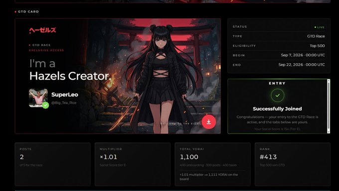 A digital dashboard for a 'GTD RACE' titled 'I'm a Hazels Creator' by SuperLeo, displaying race status (LIVE), eligibility (Top 500), dates (Sep 7-22, 2026), a 'Successfully Joined' entry confirmation, and stats including 2 posts and 1,100 total YORAI.