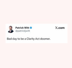 A tweet from Patrick Witt (@patrickwitt) on X.com reads, "Bad day to be a Clarity Act doomer." The post accompanies predictions for crypto tickers including $BTC, $ETH, $SOL, $STX, $XRP, and $ZEC ahead of a Clarity Act vote in two days.