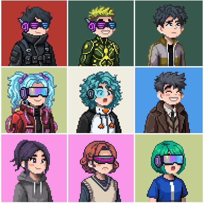 The image features a grid of nine square images, each depicting a different person wearing glasses and a hoodie with headphones. The people are shown in various poses and expressions, creating an engaging visual experience for the viewer. The text accompanying the image provides information about the post, including details such as the number of spots available (10 GTD) and the website where one can enter to claim their spot (https://pixonaorg- supply: 10,000 MP: eth pixona stands for pixela organization).