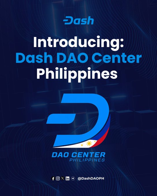 A promotional graphic with a dark blue background reading 'Introducing: Dash DAO Center Philippines' featuring the Dash logo and the Philippines flag colors.