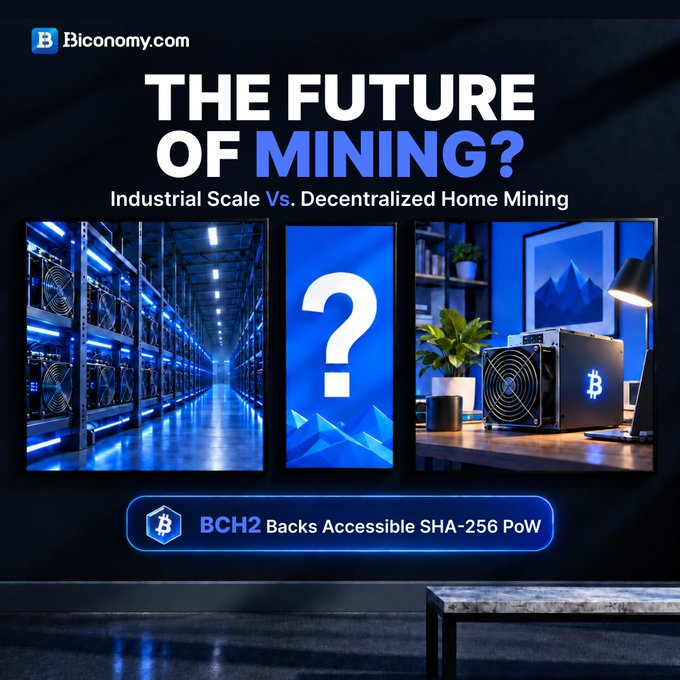 An advertisement from Biconomy.com titled 'THE FUTURE OF MINING?' contrasts 'Industrial Scale Vs. Decentralized Home Mining', showing a large mining facility versus a home setup, with text 'BCH2 Backs Accessible SHA-256 PoW'.