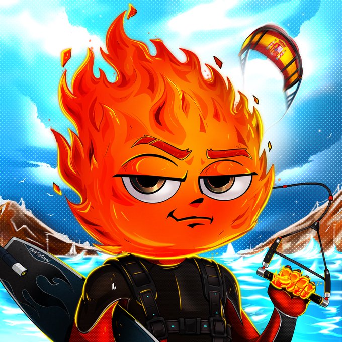 A flame-headed cartoon character wearing a wetsuit and holding a kite bar looks unimpressed, with a kiteboard visible behind them. The fiery mascot ties into the "FUEGO" branding, visually representing the project as a confident yet laid-back surfer/trader figure, fitting the announcement about Trader Profiles and Season 1 launches.