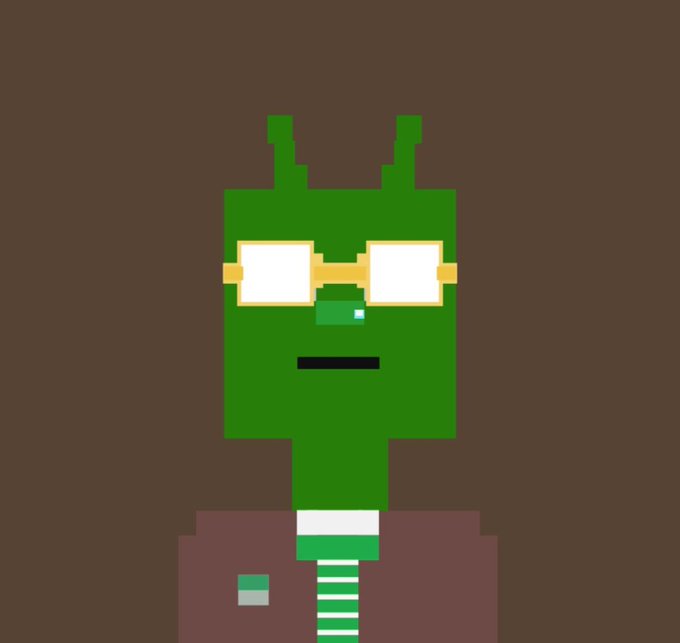 A pixel art illustration of a green, blocky alien-like character wearing large white sunglasses and a maroon suit with a green striped tie.