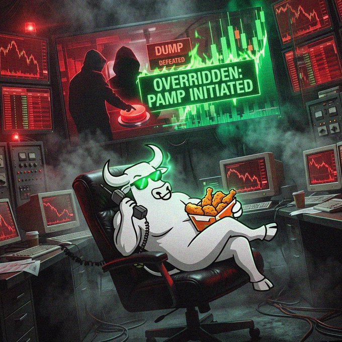 A smug bull in sunglasses lounges in a command chair eating chicken tendies while on the phone, as the screen behind flashes "DUMP DEFEATED" and "OVERRIDDEN: PAMP INITIATED" over green bullish candles—visually capturing the post's joke about bears failing to trigger a crash.