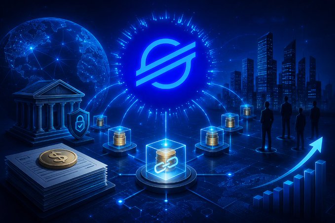 A futuristic digital illustration depicting a cryptocurrency/Stellar network scene with glowing coin stacks, a central logo, a bank vault, globe, and a city skyline with an upward growth arrow.