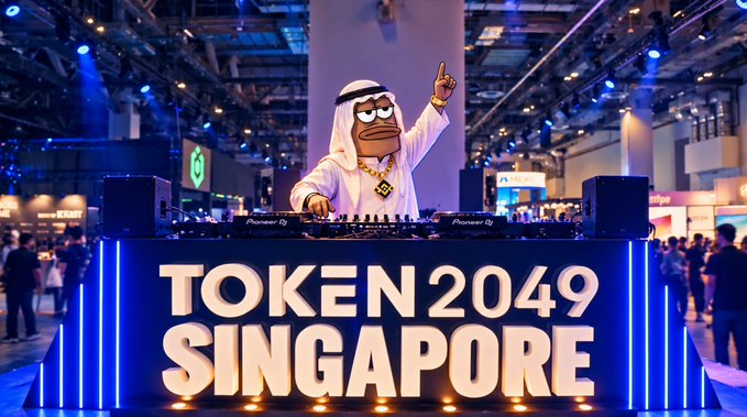 A Pepe character dressed as a DJ with a gold chain at the TOKEN 2049 SINGAPORE crypto conference booth, with Pioneer DJ equipment.