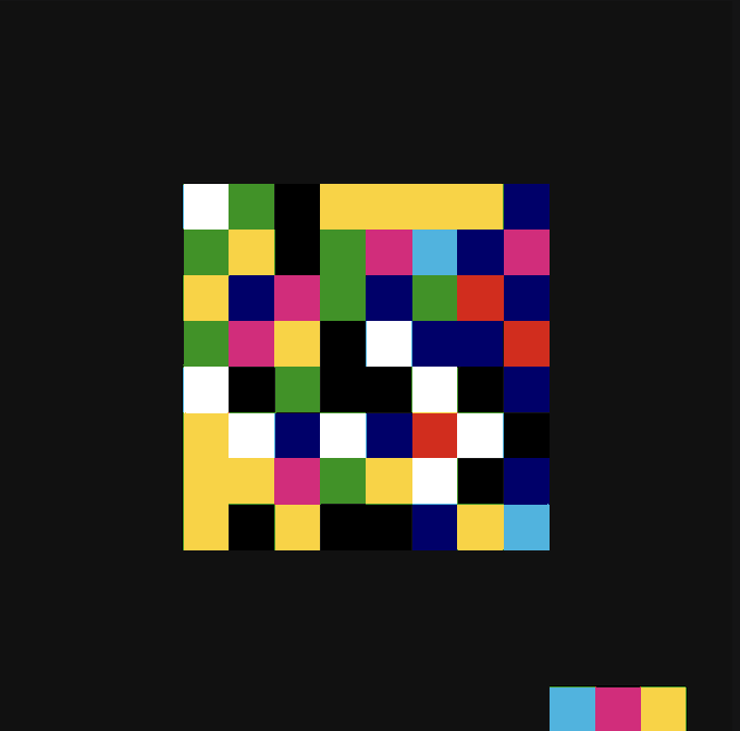 A pixel art grid resembling a QR code featuring colorful blocks (yellow, green, pink, red, white, blue, black) on a black background with three colored squares in the bottom right.
