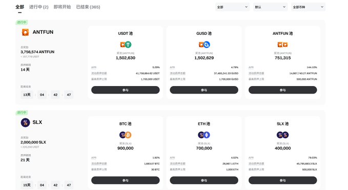 A cryptocurrency trading interface displaying ongoing pools for ANTFUN (USDT, GUSD, ANTFUN pairs) and SLX (BTC, ETH, SLX pairs) with various participation amounts.