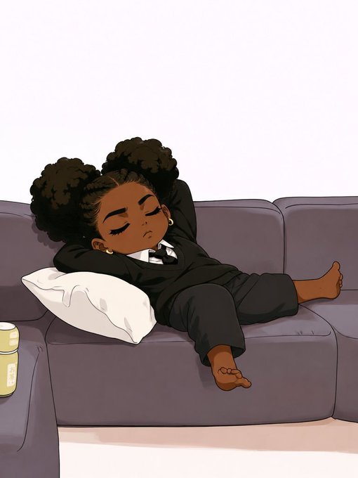 A young Black girl with curly puffs lies sprawled across a gray couch, dozing on a white pillow in an oversized suit and tie. The image humorously captures the "GN" (goodnight) caption, depicting an adult professional "knocked out" by her cozy bedtime routine.