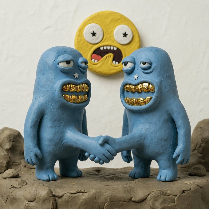 Two blue clay-like sculpted characters with gold grills shake hands in front of a shocked yellow emoji face, symbolizing a partnership between d00ds and just_t00ns for a community giveaway announced in Discord.