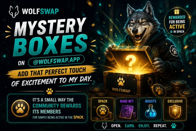 The image features a poster advertising Wolfswap's mystery boxes for dogs, with an illustration of a dog holding a treasure chest open. The poster includes text that encourages people to participate in the mystery box challenge by adding that perfect touch of excitement to their day.