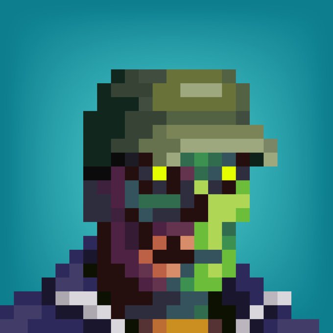 A pixel art portrait shows a green-skinned character wearing a green cap and dark jacket against a teal background.