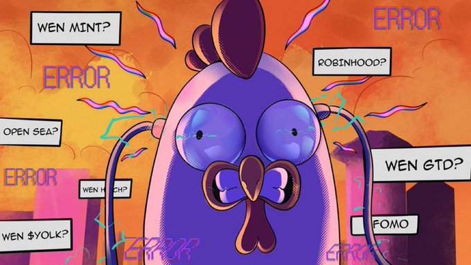 The image features a cartoon-style purple chicken with wide, bulging eyes and an open beak, appearing overwhelmed against an orange, sunset-like background with clouds and floating sparkles. Surrounding the chicken are various text elements including "WEN MINT?", "ROBINHOOD?", "OPEN SEA?", "WEN M?", "WEN $YOLK?", "WEN GTD?", "FOMO," and multiple instances of the word "ERROR" flashing like glitch text. The accompanying post announces a "GTD SPOTS RAFFLE" with 5 guaranteed spots, asking followers to follow @FloksRH and @Amordeev and drop their EVM wallet within 20 hours, connecting to the image's theme of crypto chaos and excitement with references to $YOLK token and the overwhelmed chicken character.