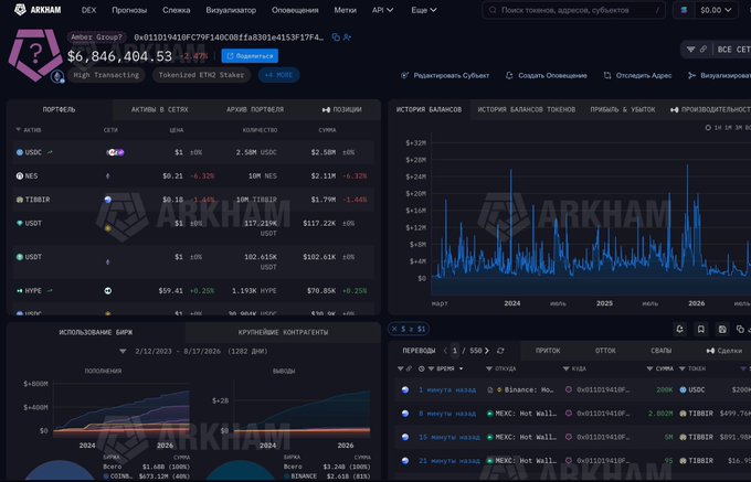 Arkham Intelligence dashboard showing the Amber Group address holding $6,846,404.53 worth of tokens, with 80.18% ($1.79M) in TIBBIR, supporting the post's claim about Amber Group's significant TIBBIR holdings.