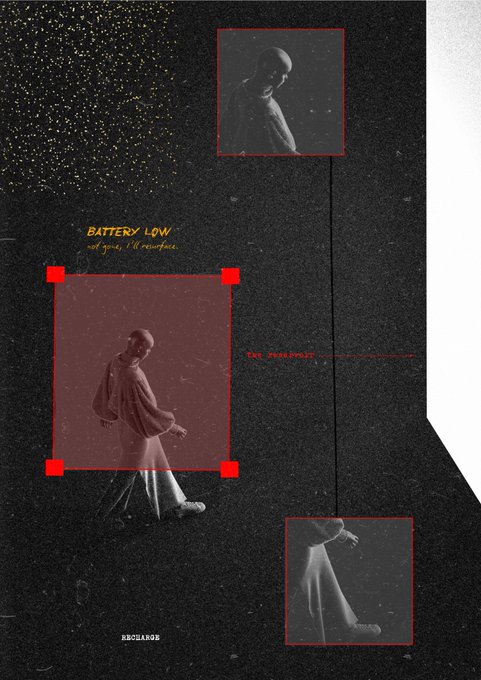 A dark, artistic collage features three images of a person in oversized clothing, with red square frames and text including 'BATTERY LOW' and 'NUCLEUS'.