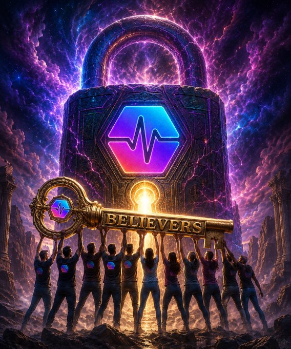 A dramatic digital artwork depicts a group of people wearing shirts with a neon hexagon logo lifting a giant golden key labeled 'BELIEVERS' toward a massive stone padlock bearing the same symbol, set against a purple cosmic background.
